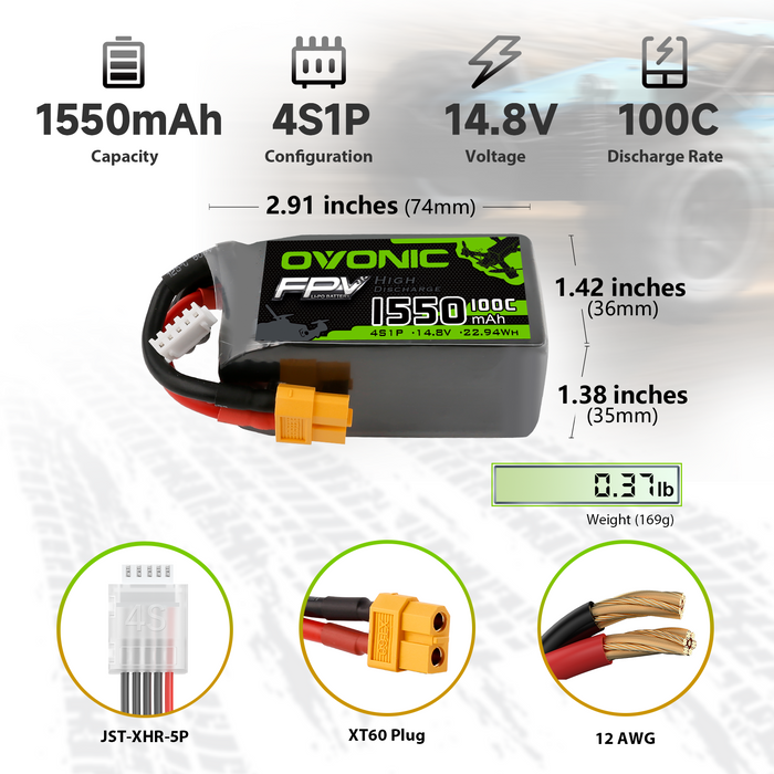 4x Ovonic 4S Lipo Battery 1550mah 4S1P 100C 14.8V Lipo Battery Pack with XT60 Plug for 5inch FPV Racing Freestyle Cinewhoop Toothpick Drone