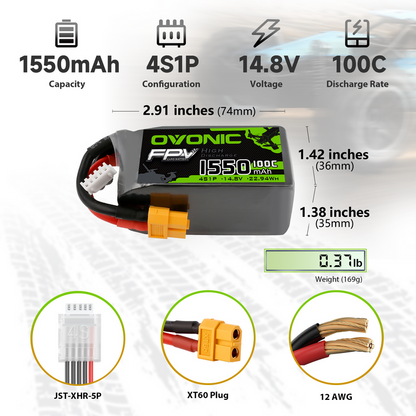 4x Ovonic 4S Lipo Battery 1550mah 4S1P 100C 14.8V Lipo Battery Pack with XT60 Plug for 5inch FPV Racing Freestyle Cinewhoop Toothpick Drone