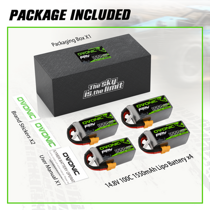 4x Ovonic 4S Lipo Battery 1550mah 4S1P 100C 14.8V Lipo Battery Pack with XT60 Plug for 5inch FPV Racing Freestyle Cinewhoop Toothpick Drone