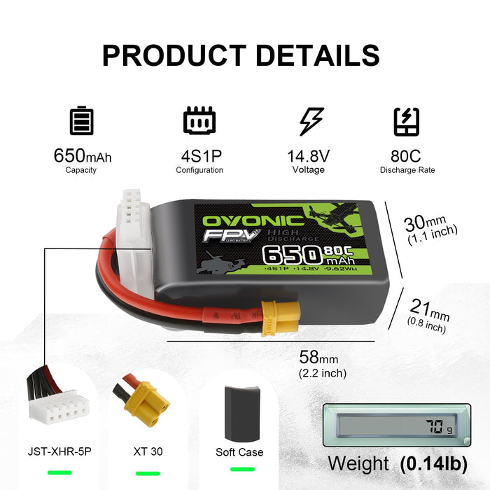 4x Ovonic 80C 4S 650mah Lipo Battery 14.8V Pack with XT30 Plug for RC FPV Racing Drone Quadcopter