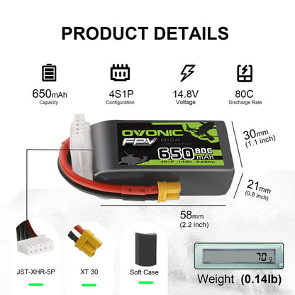 4x Ovonic 80C 4S 650mah Lipo Battery 14.8V Pack with XT30 Plug for RC FPV Racing Drone Quadcopter