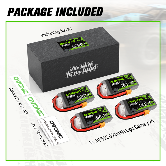 4x Ovonic 80C 4S 650mah Lipo Battery 14.8V Pack with XT30 Plug for RC FPV Racing Drone Quadcopter