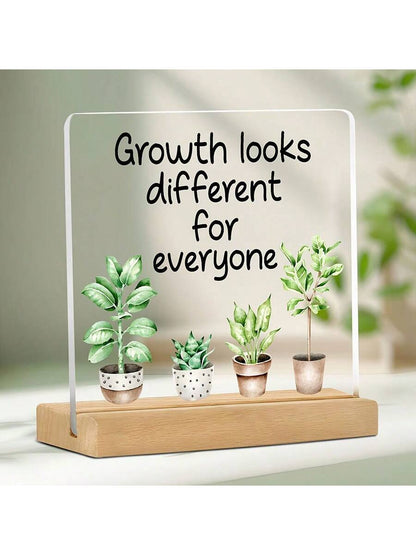 4x4 Inch Acrylic Desk Plaque "Every Person's Growth Path Is Different"- English Version, With Wooden Base, Suitable For Office, Classroom And Partition Decor, Comes With Protective Film, Inspirationa