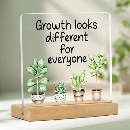 4x4 Inch Acrylic Desk Plaque "Every Person's Growth Path Is Different"- English Version, With Wooden Base, Suitable For Office, Classroom And Partition Decor, Comes With Protective Film, Inspirationa