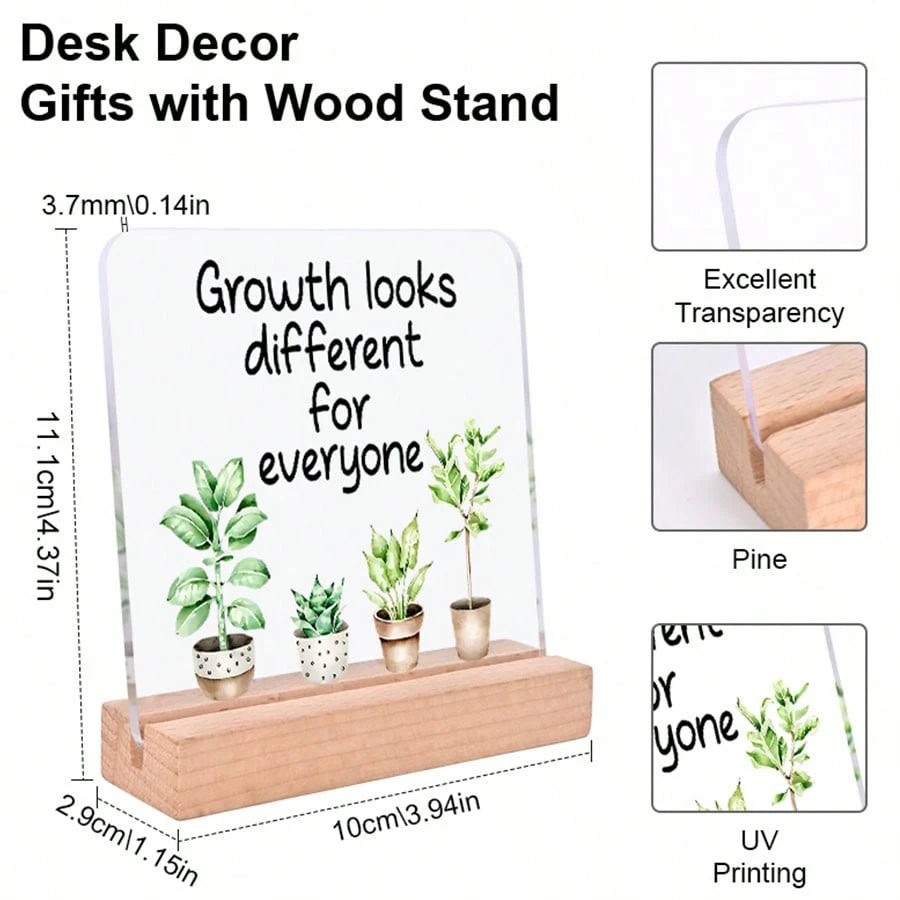 4x4 Inch Acrylic Desk Plaque "Every Person's Growth Path Is Different"- English Version, With Wooden Base, Suitable For Office, Classroom And Partition Decor, Comes With Protective Film, Inspirationa