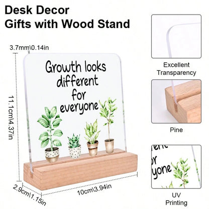 4x4 Inch Acrylic Desk Plaque "Every Person's Growth Path Is Different"- English Version, With Wooden Base, Suitable For Office, Classroom And Partition Decor, Comes With Protective Film, Inspirationa