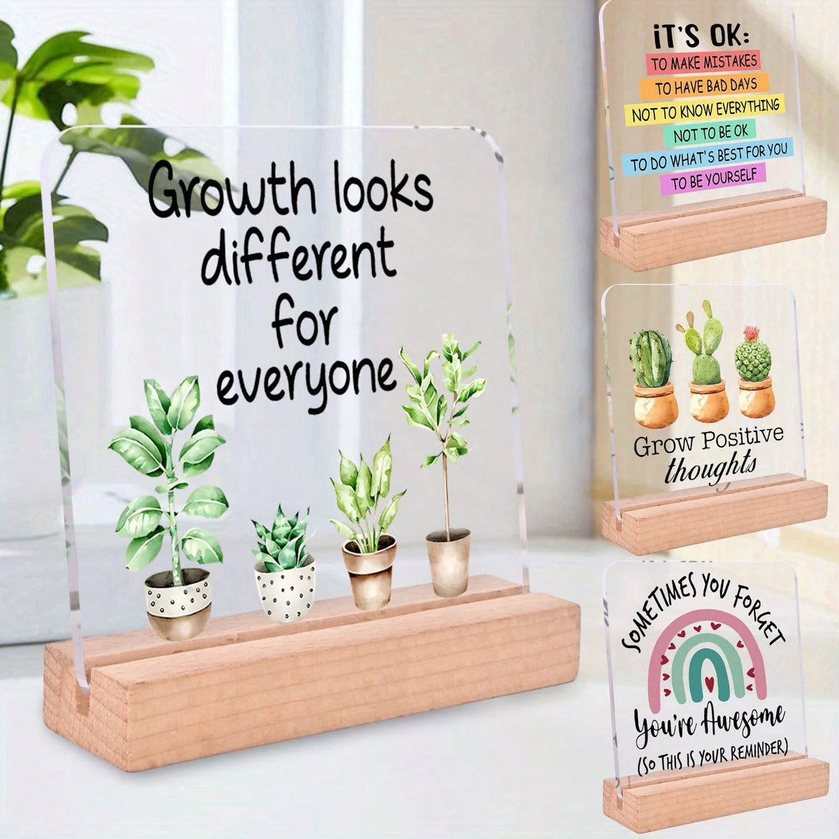 4x4 Inch Acrylic Desk Plaque "Every Person's Growth Path Is Different"- English Version, With Wooden Base, Suitable For Office, Classroom And Partition Decor, Comes With Protective Film, Inspirationa
