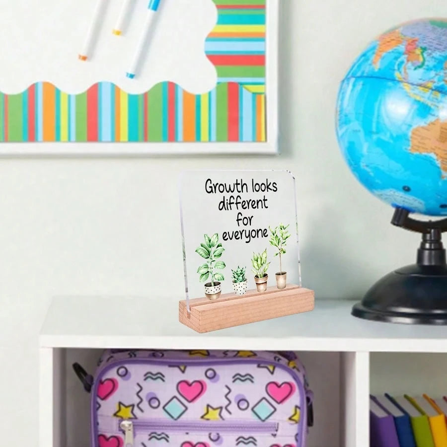 4x4 Inch Acrylic Desk Plaque "Every Person's Growth Path Is Different"- English Version, With Wooden Base, Suitable For Office, Classroom And Partition Decor, Comes With Protective Film, Inspirationa