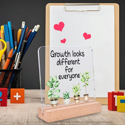 4x4 Inch Acrylic Desk Plaque "Every Person's Growth Path Is Different"- English Version, With Wooden Base, Suitable For Office, Classroom And Partition Decor, Comes With Protective Film, Inspirationa