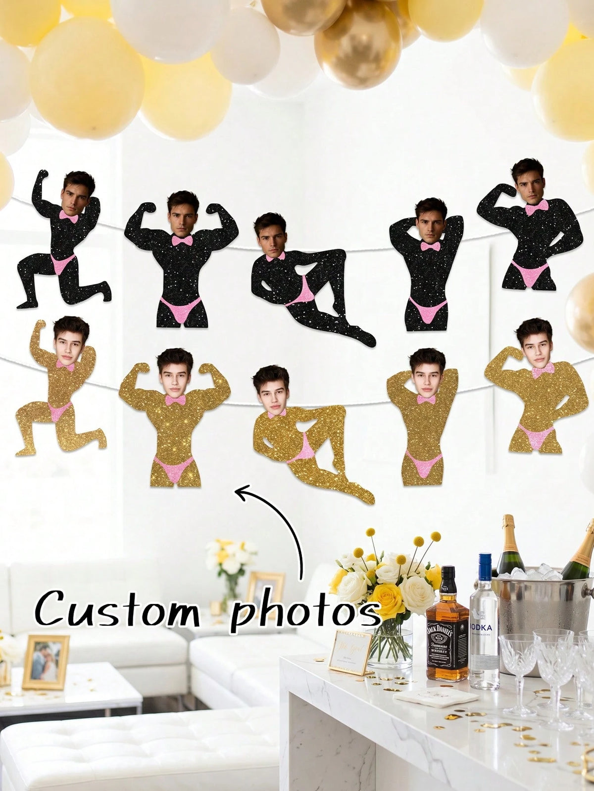 5/10/15pcs Customized Party Banners, Personalized Photos, Groom Face Customized Banners, Gold Glitter Party Decorations, Bachelorette Party Favors, Suitable For Bridal Shower
