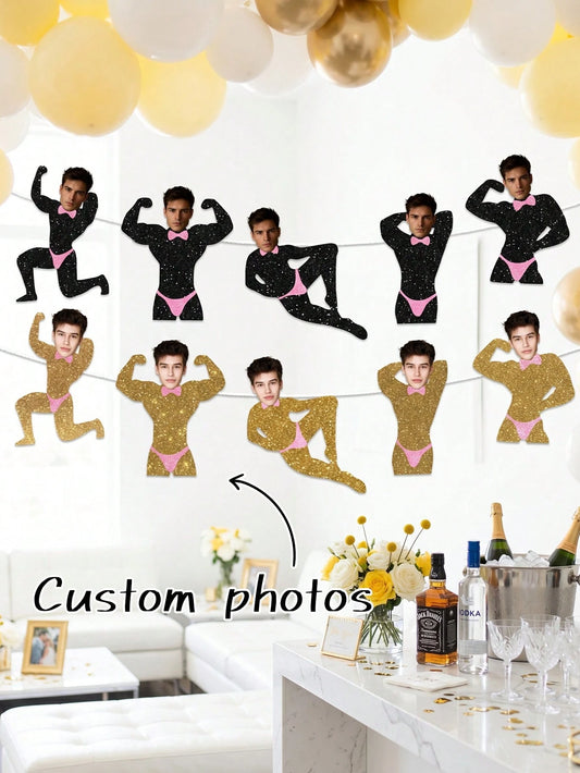 5/10/15pcs Customized Party Banners, Personalized Photos, Groom Face Customized Banners, Gold Glitter Party Decorations, Bachelorette Party Favors, Suitable For Bridal Shower