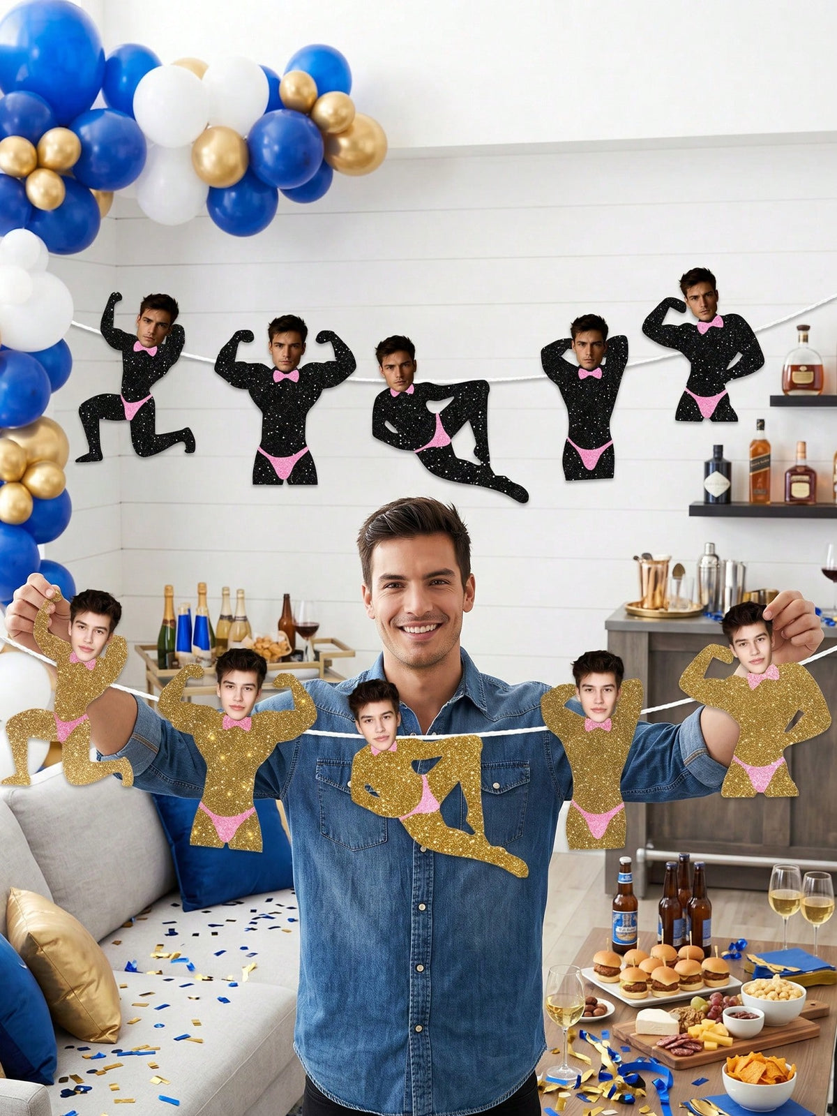 5/10/15pcs Customized Party Banners, Personalized Photos, Groom Face Customized Banners, Gold Glitter Party Decorations, Bachelorette Party Favors, Suitable For Bridal Shower