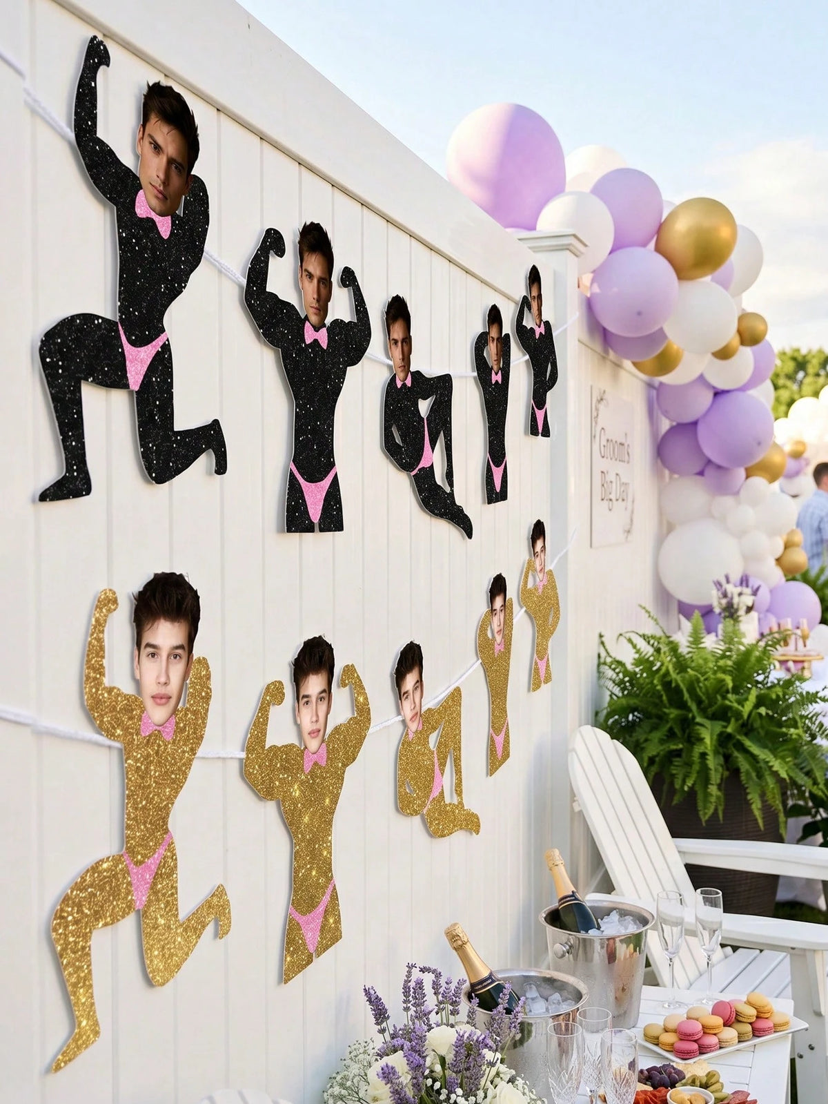 5/10/15pcs Customized Party Banners, Personalized Photos, Groom Face Customized Banners, Gold Glitter Party Decorations, Bachelorette Party Favors, Suitable For Bridal Shower