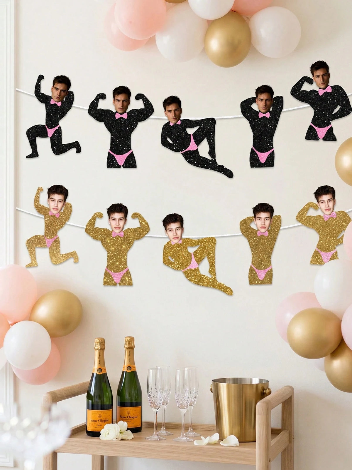 5/10/15pcs Customized Party Banners, Personalized Photos, Groom Face Customized Banners, Gold Glitter Party Decorations, Bachelorette Party Favors, Suitable For Bridal Shower