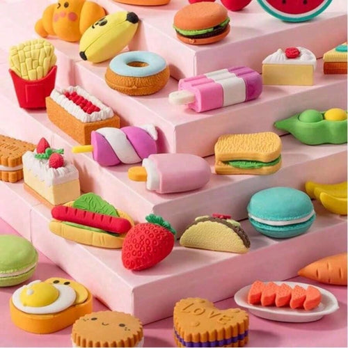 5/10/30pcs Random Cute Food Pattern Eraser Set- Mini Fruit, Vegetable, Dessert Design Erasers, Suitable For Classroom Rewards And Party Favors, Can Be Used As Collectible Desk Decor, Student Rewards