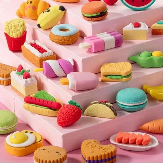 5/10/30pcs Random Cute Food Pattern Eraser Set- Mini Fruit, Vegetable, Dessert Design Erasers, Suitable For Classroom Rewards And Party Favors, Can Be Used As Collectible Desk Decor, Student Rewards