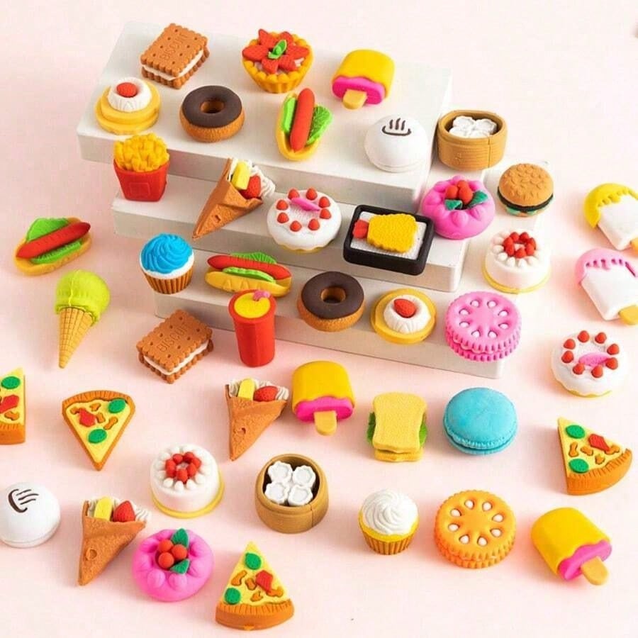 5/10/30pcs Random Cute Food Pattern Eraser Set- Mini Fruit, Vegetable, Dessert Design Erasers, Suitable For Classroom Rewards And Party Favors, Can Be Used As Collectible Desk Decor, Student Rewards