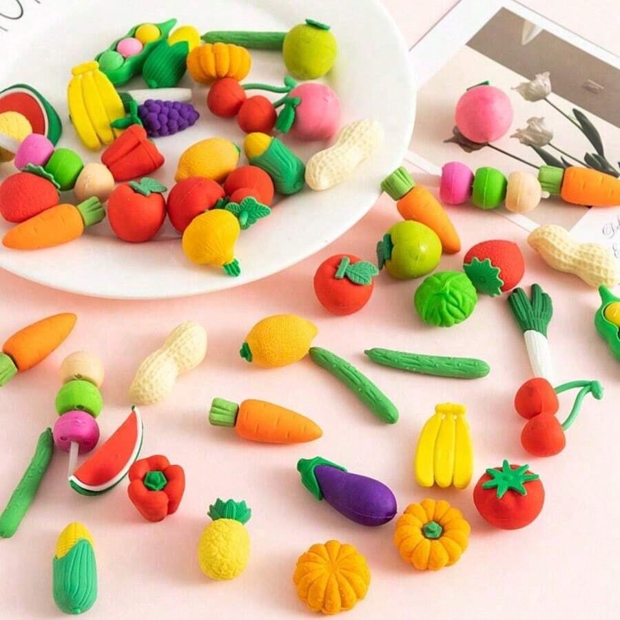 5/10/30pcs Random Cute Food Pattern Eraser Set- Mini Fruit, Vegetable, Dessert Design Erasers, Suitable For Classroom Rewards And Party Favors, Can Be Used As Collectible Desk Decor, Student Rewards