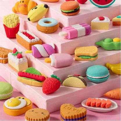 5/10/30pcs Random Cute Food Pattern Eraser Set- Mini Fruit, Vegetable, Dessert Design Erasers, Suitable For Classroom Rewards And Party Favors, Can Be Used As Collectible Desk Decor, Student Rewards