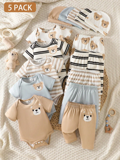 5-Piece Set Newborn Baby Boy Round-Neck Rompers With Cartoon Bear Motifs Striped Pants And Hat White Summer Casual Graphic Work Comfortable Clothes