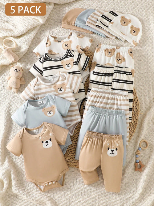5-Piece Set Newborn Baby Boy Round-Neck Rompers With Cartoon Bear Motifs Striped Pants And Hat White Summer Casual Graphic Work Comfortable Clothes