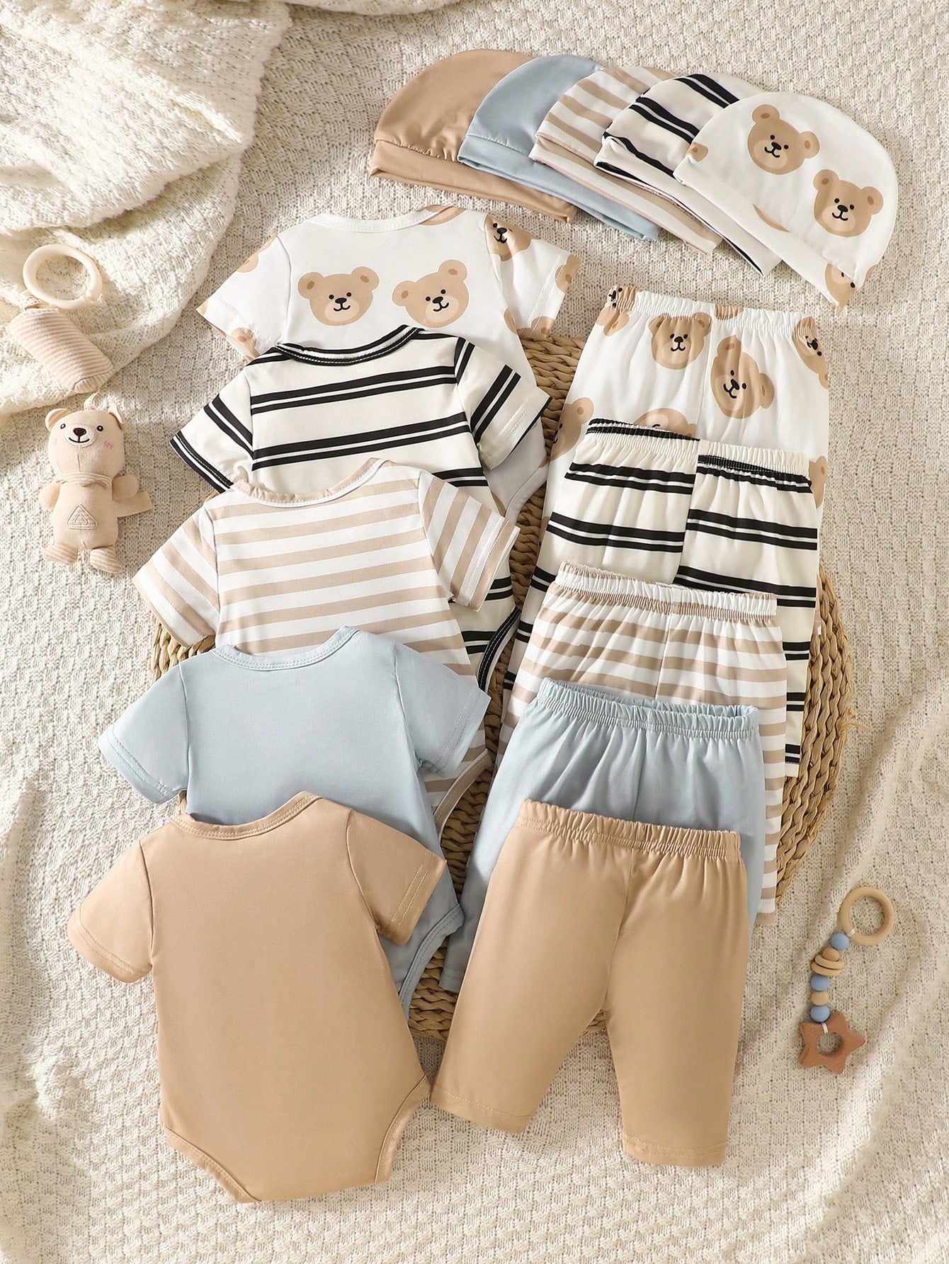 5-Piece Set Newborn Baby Boy Round-Neck Rompers With Cartoon Bear Motifs Striped Pants And Hat White Summer Casual Graphic Work Comfortable Clothes