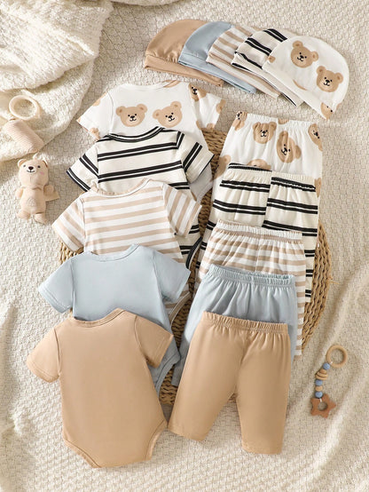 5-Piece Set Newborn Baby Boy Round-Neck Rompers With Cartoon Bear Motifs Striped Pants And Hat White Summer Casual Graphic Work Comfortable Clothes