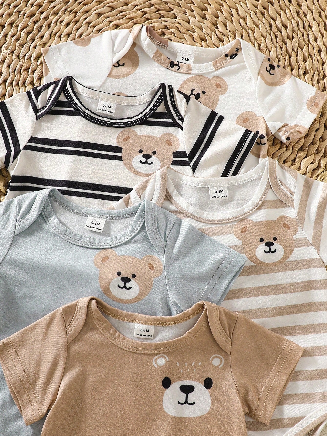 5-Piece Set Newborn Baby Boy Round-Neck Rompers With Cartoon Bear Motifs Striped Pants And Hat White Summer Casual Graphic Work Comfortable Clothes