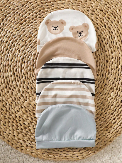 5-Piece Set Newborn Baby Boy Round-Neck Rompers With Cartoon Bear Motifs Striped Pants And Hat White Summer Casual Graphic Work Comfortable Clothes
