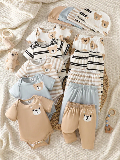 5-Piece Set Newborn Baby Boy Round-Neck Rompers With Cartoon Bear Motifs Striped Pants And Hat White Summer Casual Graphic Work Comfortable Clothes