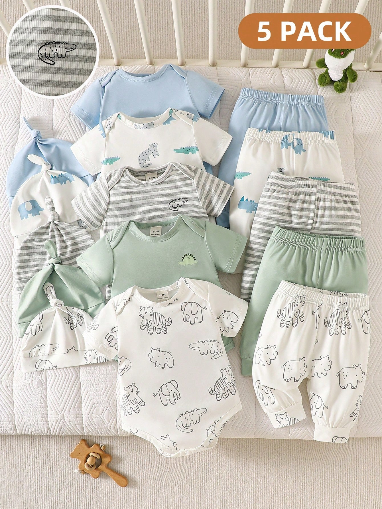 5-Piece Set Newborn Baby Boy Round-Neck Rompers With Cartoon Bear Motifs Striped Pants And Hat White Summer Casual Graphic Work Comfortable Clothes