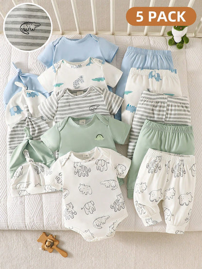 5-Piece Set Newborn Baby Boy Round-Neck Rompers With Cartoon Bear Motifs Striped Pants And Hat White Summer Casual Graphic Work Comfortable Clothes
