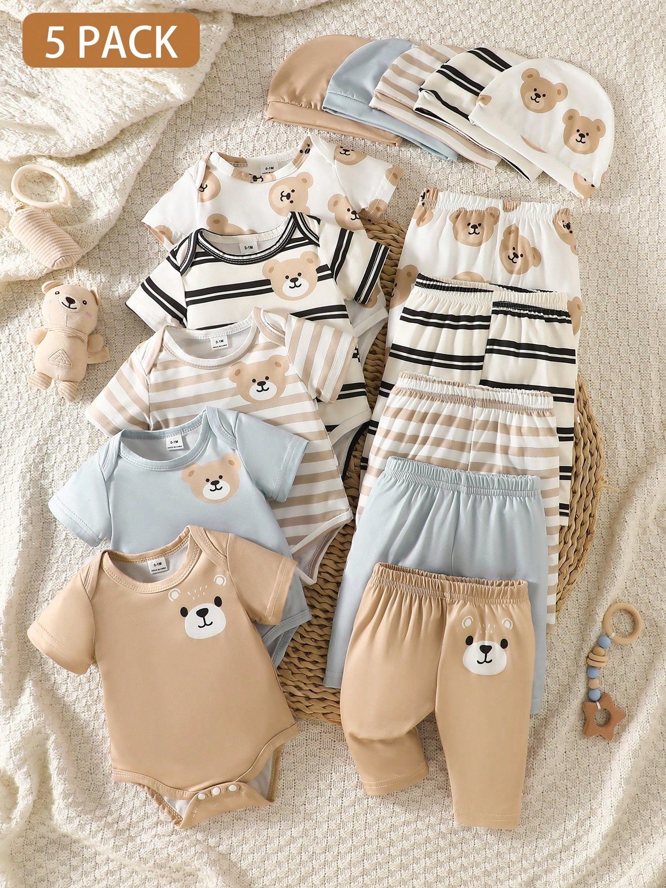 5-Piece Set Newborn Baby Boy Round-Neck Rompers With Cartoon Bear Motifs Striped Pants And Hat White Summer Casual Graphic Work Comfortable Clothes