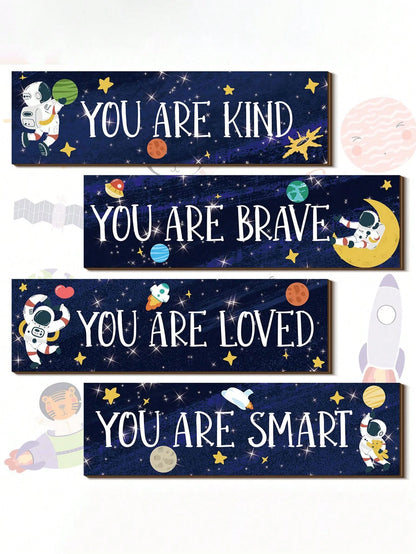 5 Pieces Space Room Decoration Kids Boys Outer Space Wall Art Poster Wall Galaxy Decoration Spaceman Wooden Sign Inspirational Quotes Baby Bedroom Classroom Nursery, Blue,Approx. 11.81in X 3.54in For
