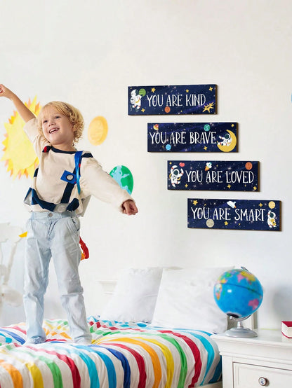 5 Pieces Space Room Decoration Kids Boys Outer Space Wall Art Poster Wall Galaxy Decoration Spaceman Wooden Sign Inspirational Quotes Baby Bedroom Classroom Nursery, Blue,Approx. 11.81in X 3.54in For