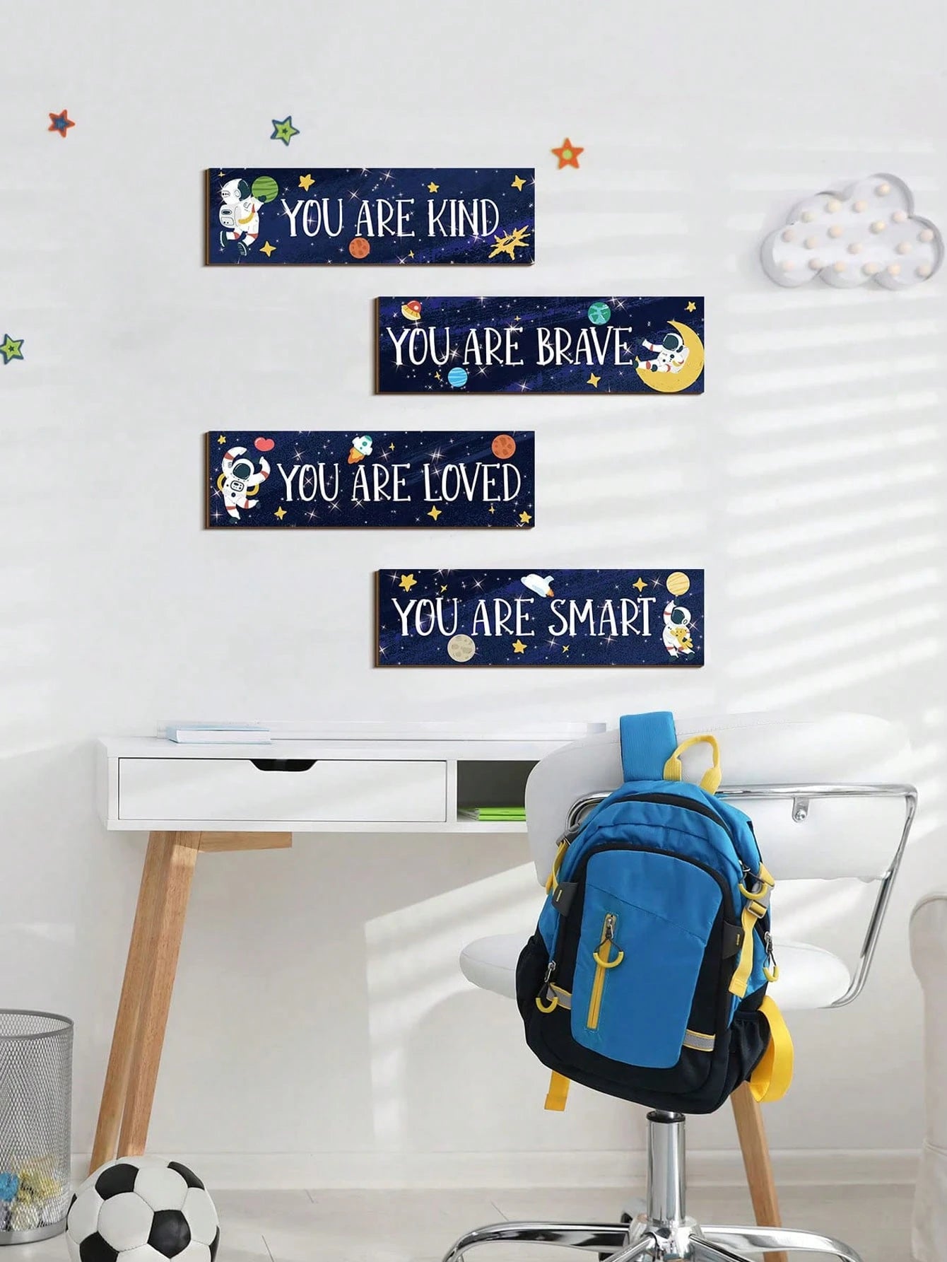 5 Pieces Space Room Decoration Kids Boys Outer Space Wall Art Poster Wall Galaxy Decoration Spaceman Wooden Sign Inspirational Quotes Baby Bedroom Classroom Nursery, Blue,Approx. 11.81in X 3.54in For