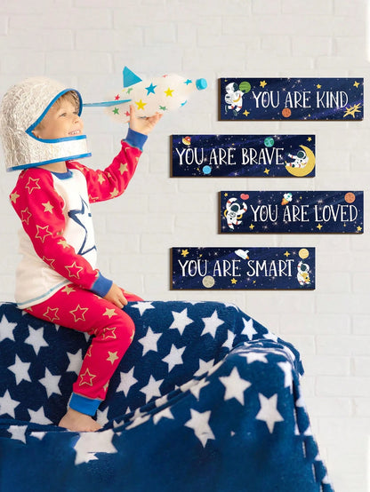 5 Pieces Space Room Decoration Kids Boys Outer Space Wall Art Poster Wall Galaxy Decoration Spaceman Wooden Sign Inspirational Quotes Baby Bedroom Classroom Nursery, Blue,Approx. 11.81in X 3.54in For