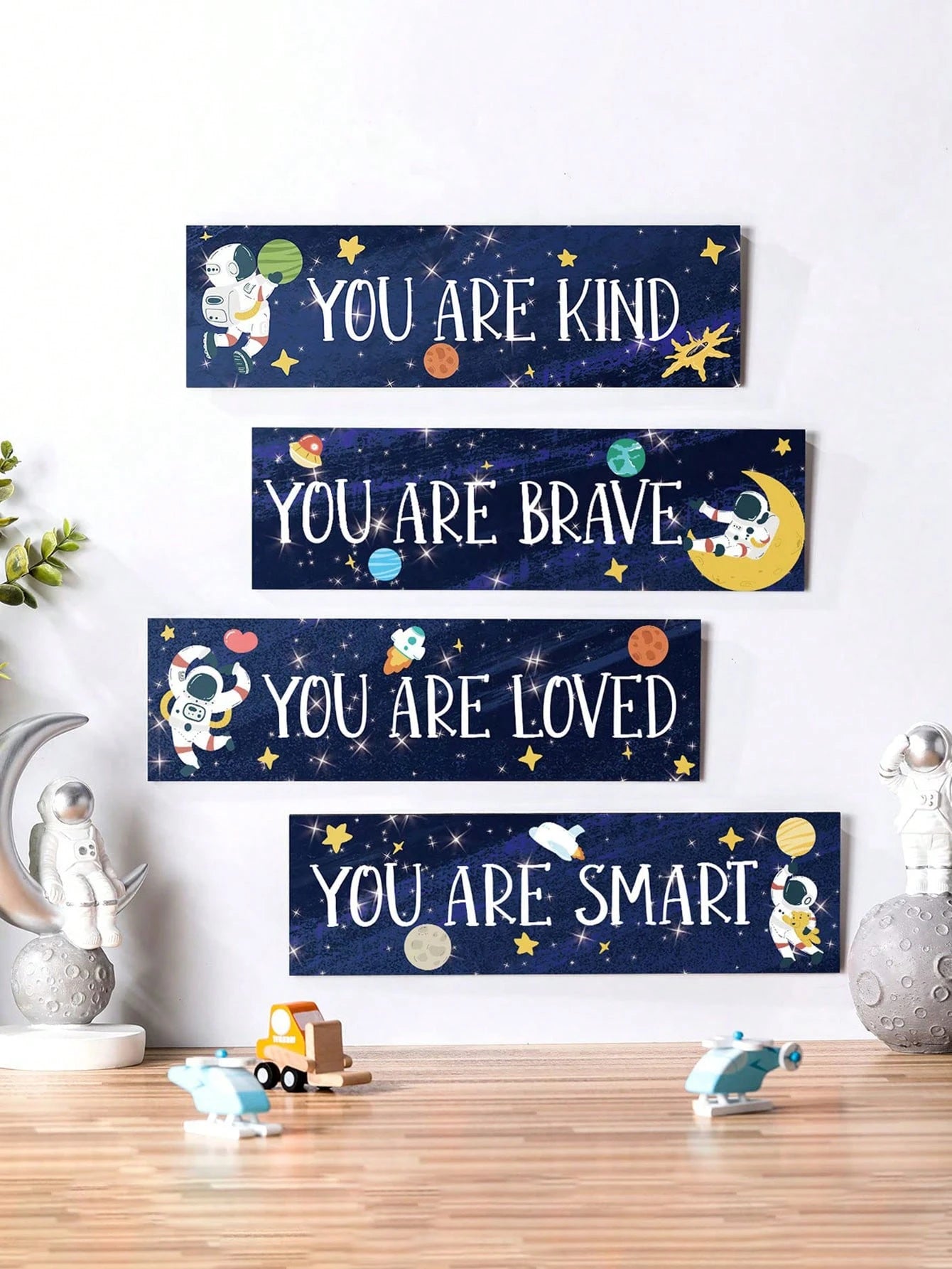 5 Pieces Space Room Decoration Kids Boys Outer Space Wall Art Poster Wall Galaxy Decoration Spaceman Wooden Sign Inspirational Quotes Baby Bedroom Classroom Nursery, Blue,Approx. 11.81in X 3.54in For