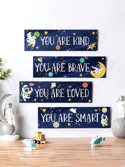5 Pieces Space Room Decoration Kids Boys Outer Space Wall Art Poster Wall Galaxy Decoration Spaceman Wooden Sign Inspirational Quotes Baby Bedroom Classroom Nursery, Blue,Approx. 11.81in X 3.54in For