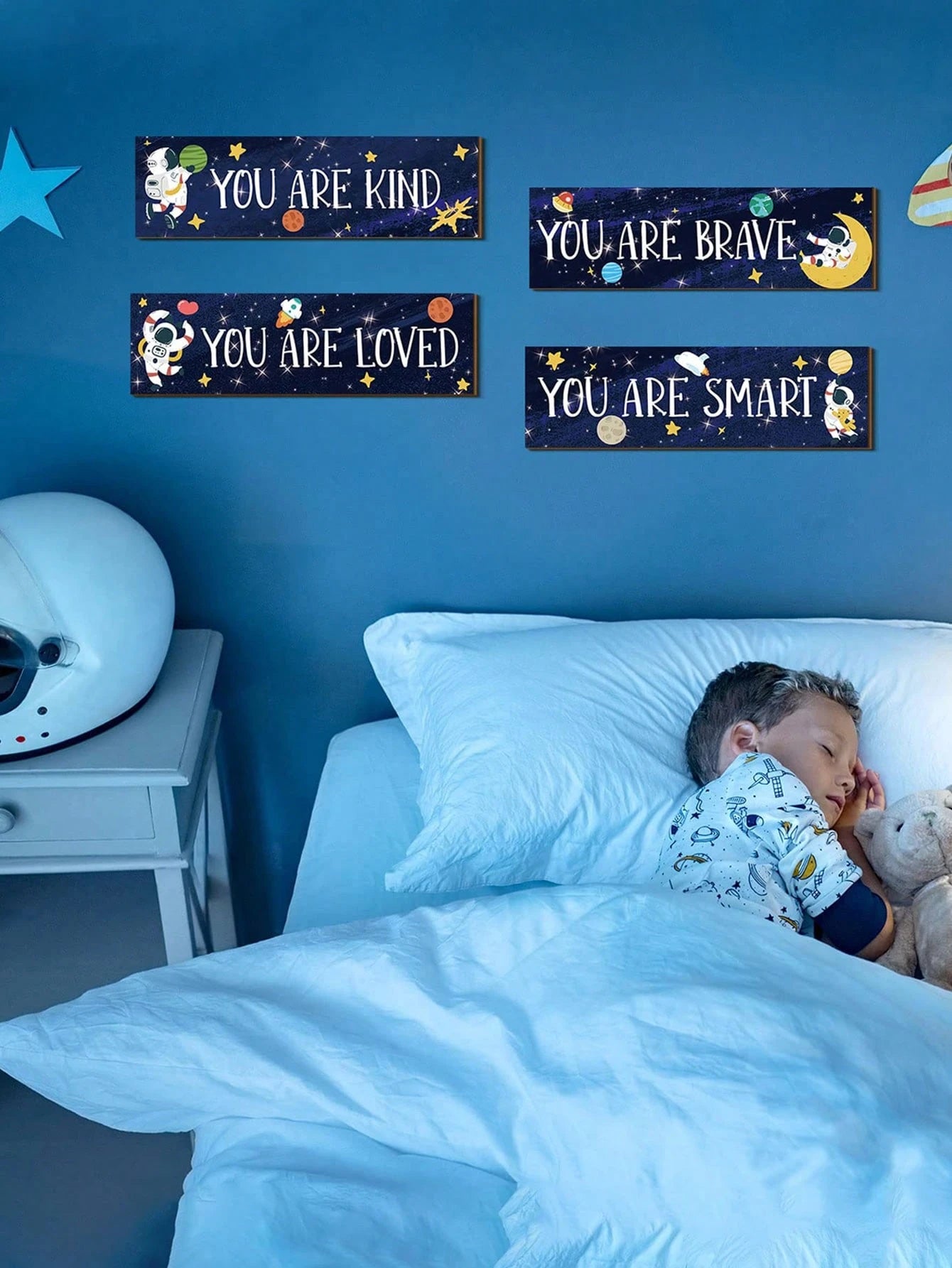5 Pieces Space Room Decoration Kids Boys Outer Space Wall Art Poster Wall Galaxy Decoration Spaceman Wooden Sign Inspirational Quotes Baby Bedroom Classroom Nursery, Blue,Approx. 11.81in X 3.54in For