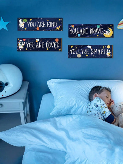5 Pieces Space Room Decoration Kids Boys Outer Space Wall Art Poster Wall Galaxy Decoration Spaceman Wooden Sign Inspirational Quotes Baby Bedroom Classroom Nursery, Blue,Approx. 11.81in X 3.54in For