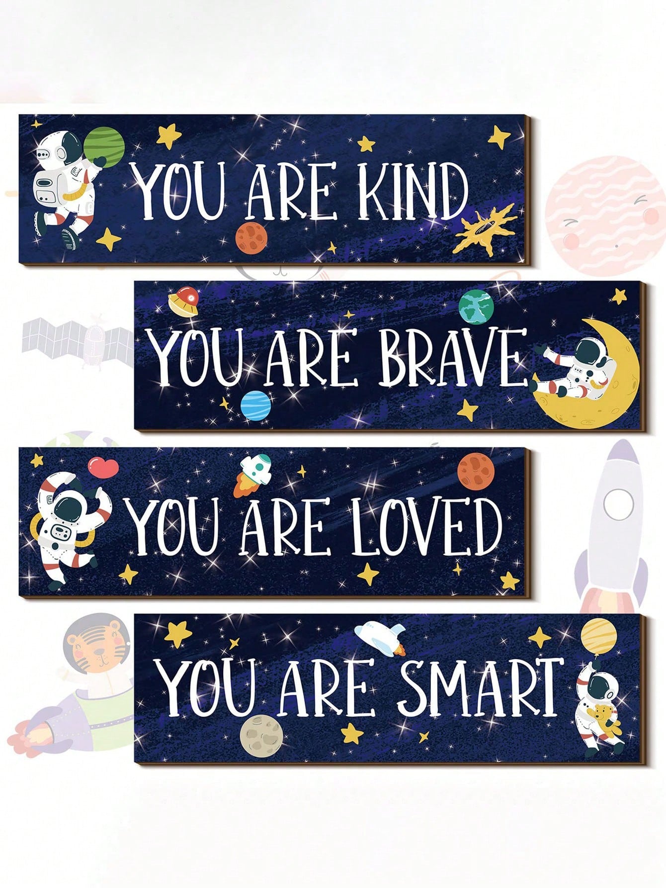 5 Pieces Space Room Decoration Kids Boys Outer Space Wall Art Poster Wall Galaxy Decoration Spaceman Wooden Sign Inspirational Quotes Baby Bedroom Classroom Nursery, Blue,Approx. 11.81in X 3.54in For