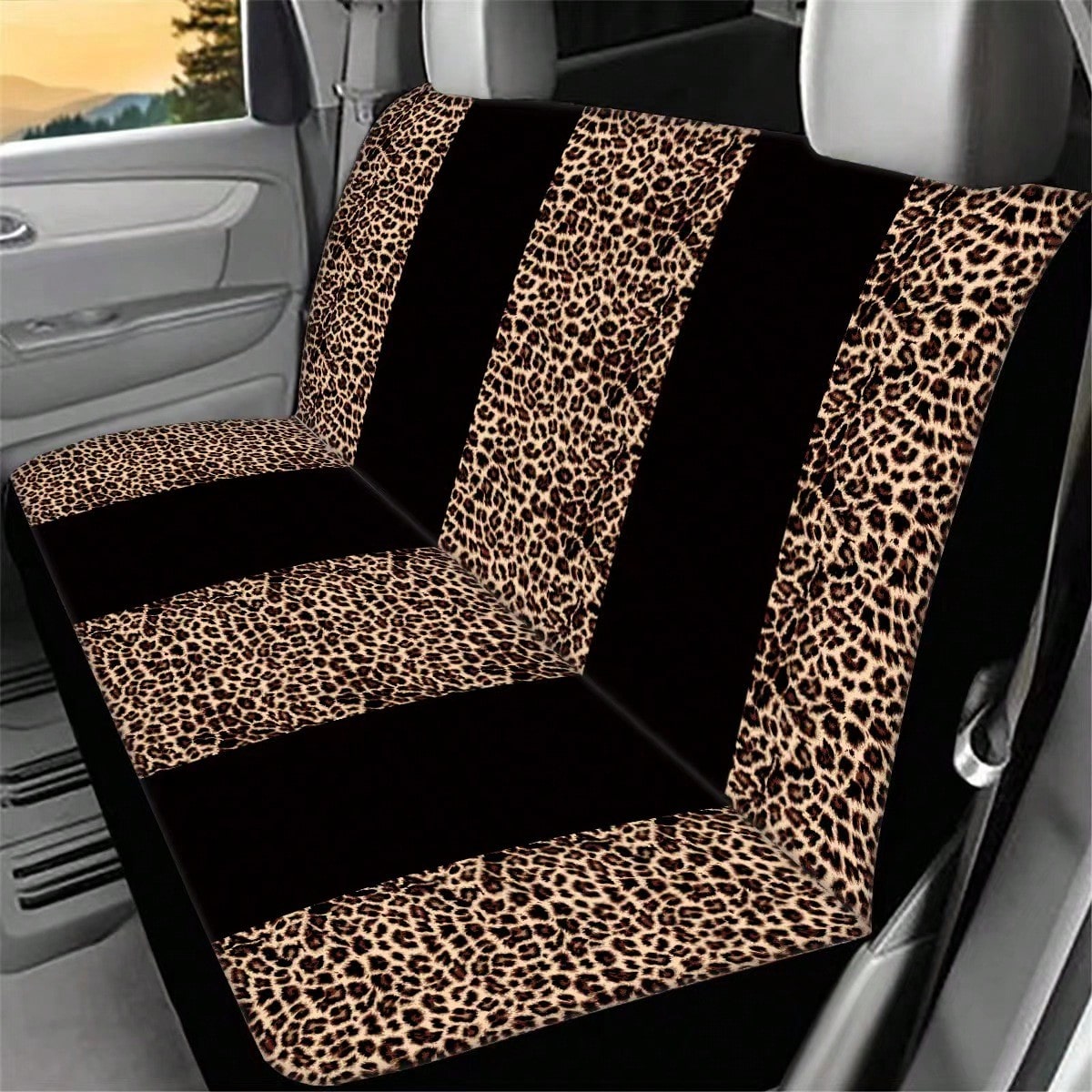 5-Seat 1pc Full Black Center Stripe Leopard Print Car Seat Cover, Car Accessories, Leopard Print Pattern Women's Car Seat Cover, Car Decor, Car Seat Cover, Car Interior Accessories, Men's Car Seat Cov