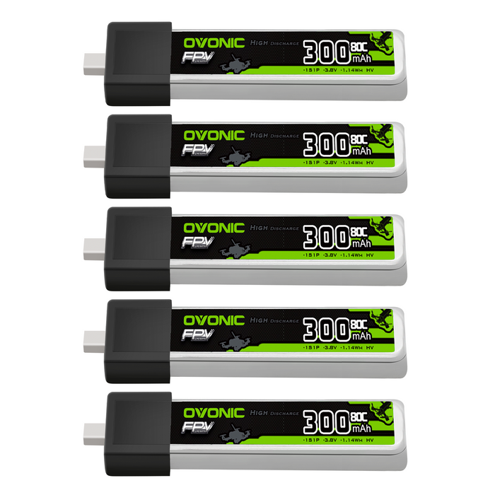 5 x OVONIC 3.8V 80C 300mAh 1S Lipo Battery High Voltage with BT2.0 Plug