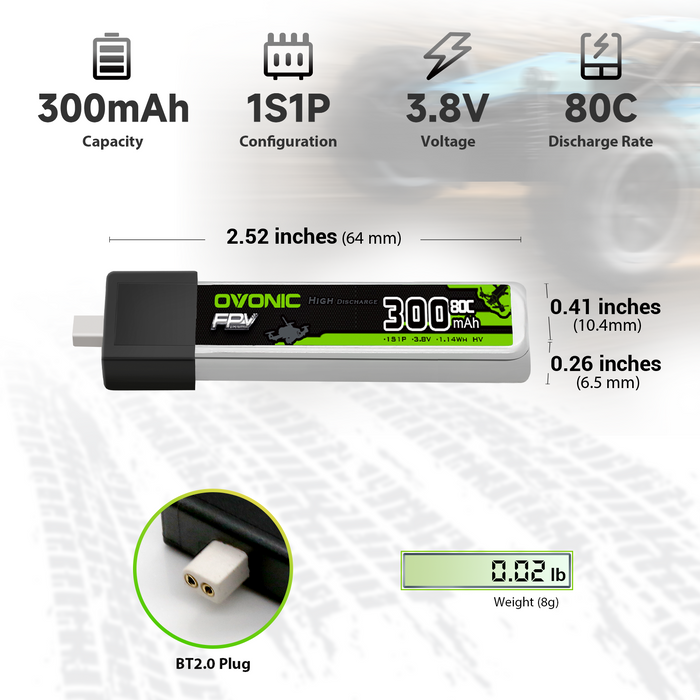 5 x OVONIC 3.8V 80C 300mAh 1S Lipo Battery High Voltage with BT2.0 Plug
