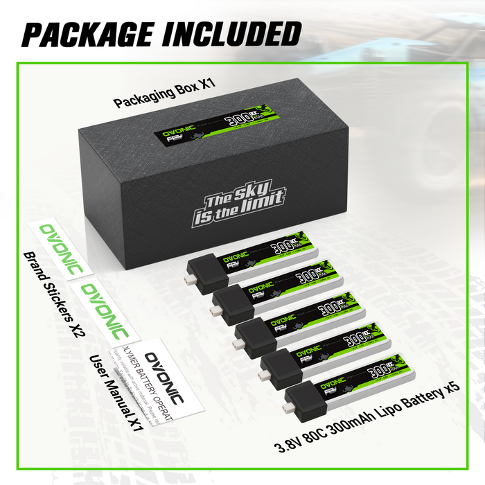 5 x OVONIC 3.8V 80C 300mAh 1S Lipo Battery High Voltage with BT2.0 Plug