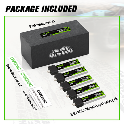 5 x OVONIC 3.8V 80C 300mAh 1S Lipo Battery High Voltage with BT2.0 Plug