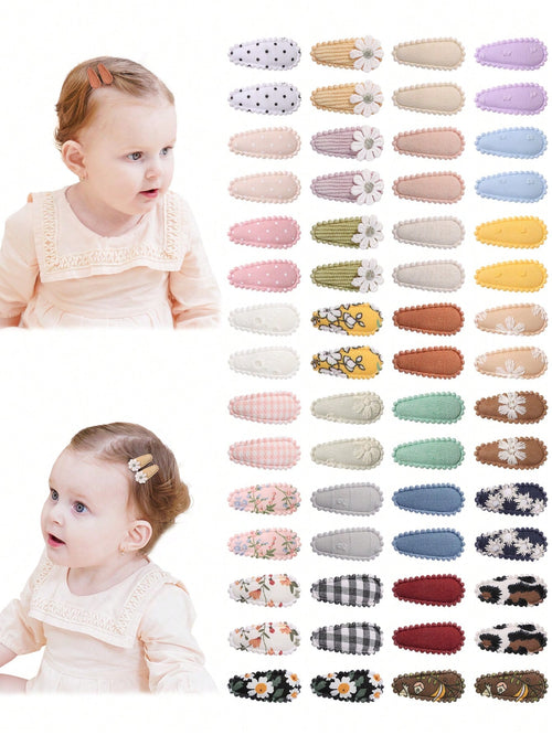 50/20/10 Pieces Baby Girl Cute Toddler Press Button Hair Clips With Flower Pattern- Children BB Clips Fabric Embroidery Water Drop Clips, Printed Hair Clips Baby Bangs Clips, Headdresses Hair Accesso