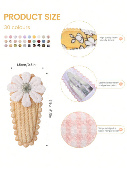 50/20/10 Pieces Baby Girl Cute Toddler Press Button Hair Clips With Flower Pattern- Children BB Clips Fabric Embroidery Water Drop Clips, Printed Hair Clips Baby Bangs Clips, Headdresses Hair Accesso