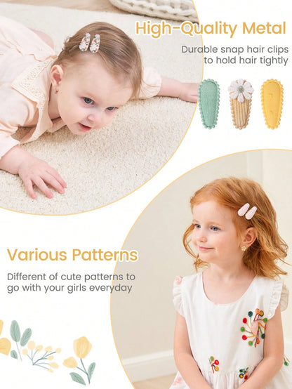 50/20/10 Pieces Baby Girl Cute Toddler Press Button Hair Clips With Flower Pattern- Children BB Clips Fabric Embroidery Water Drop Clips, Printed Hair Clips Baby Bangs Clips, Headdresses Hair Accesso